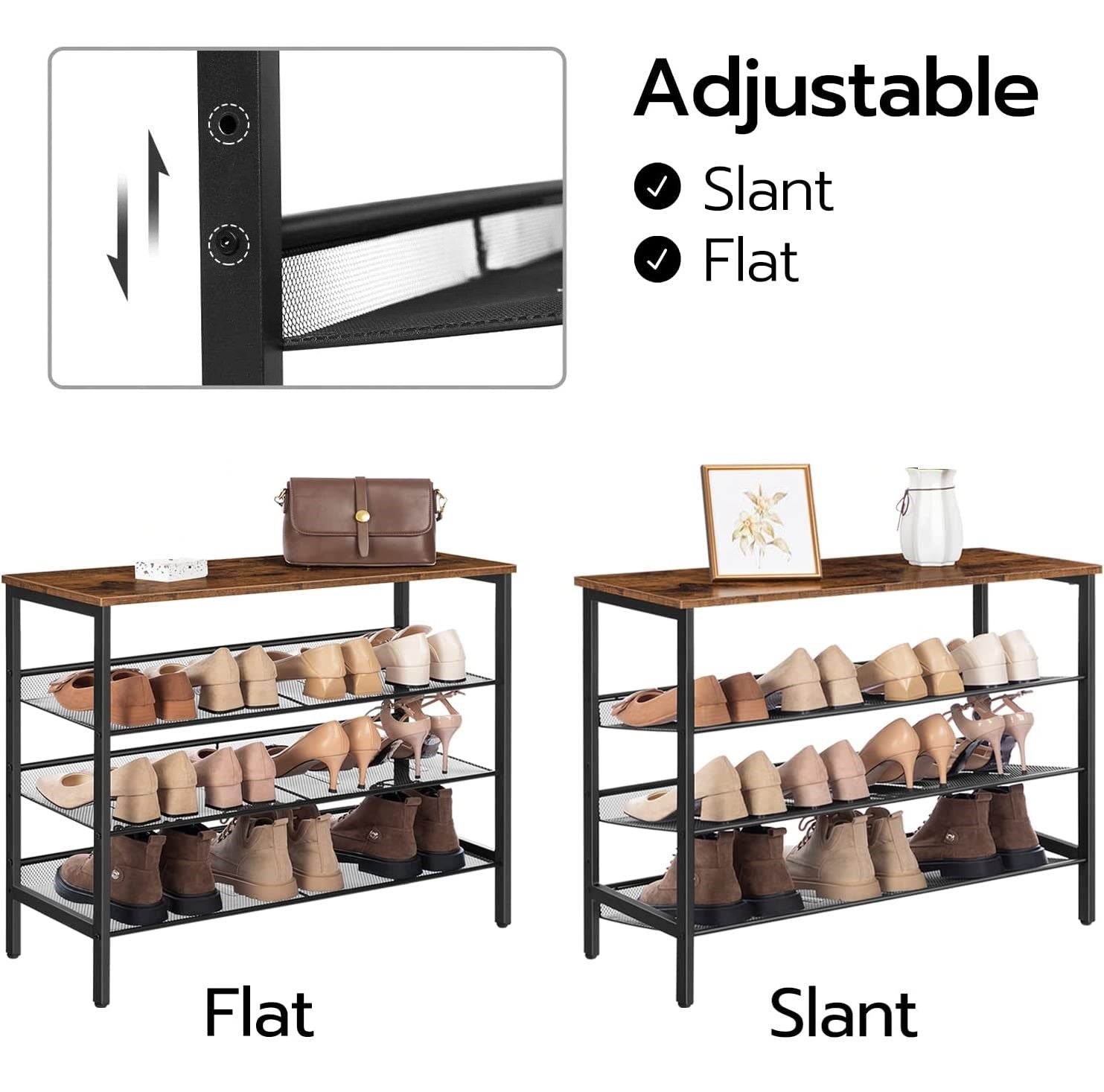 4-Tier Shoe Rack featuring rustic brown wooden shelves and a sturdy metal frame, designed for stylish shoe organization.