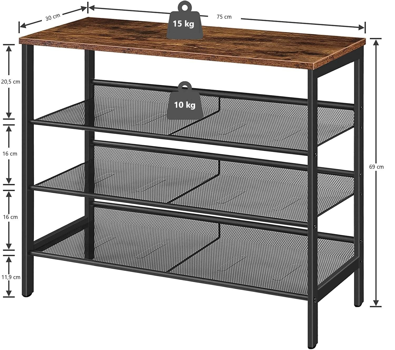 4-Tier Shoe Rack featuring rustic brown wooden shelves and a sturdy metal frame, designed for stylish shoe organization.