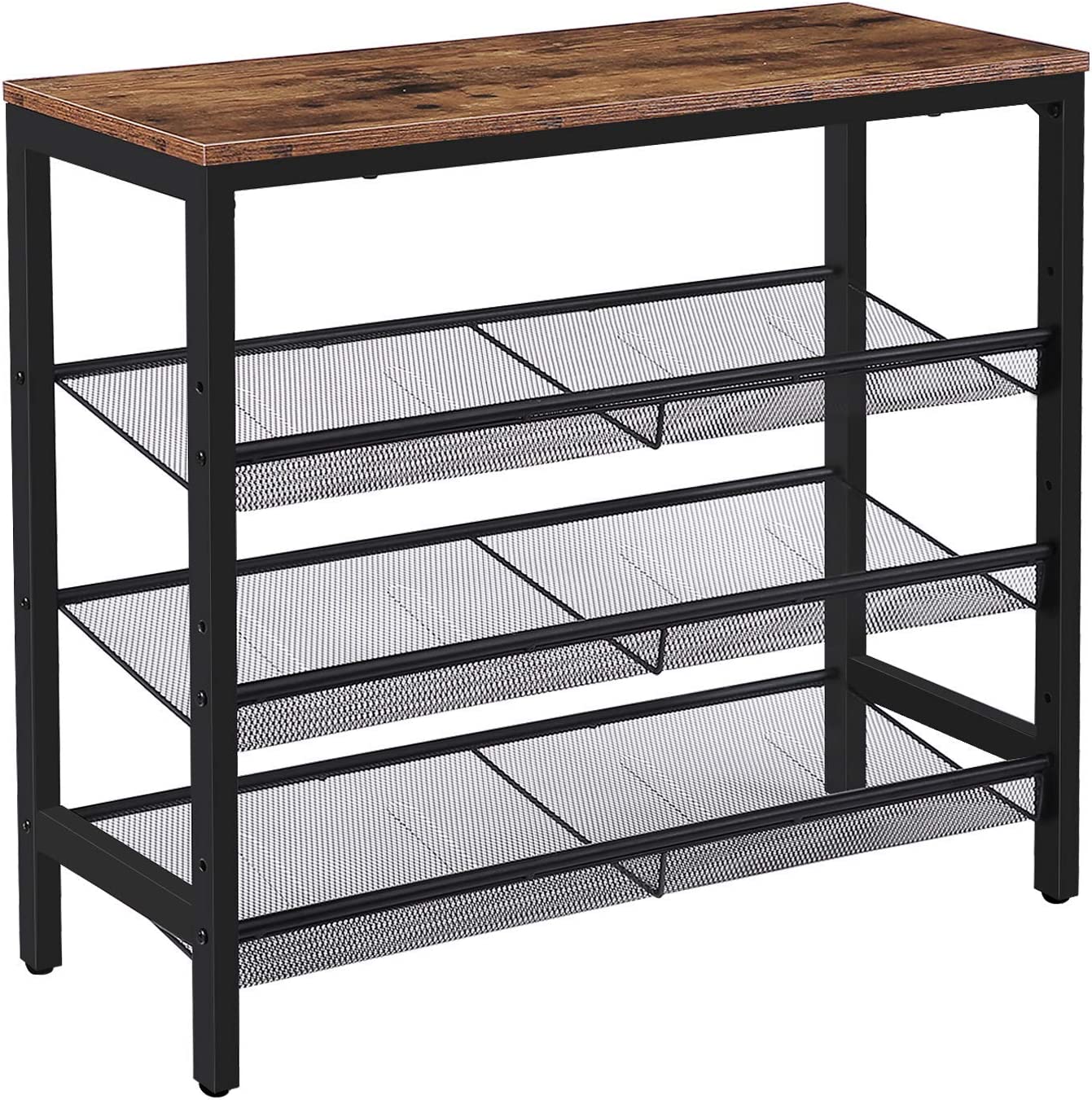 4-Tier Shoe Rack featuring rustic brown wooden shelves and a sturdy metal frame, designed for stylish shoe organization.