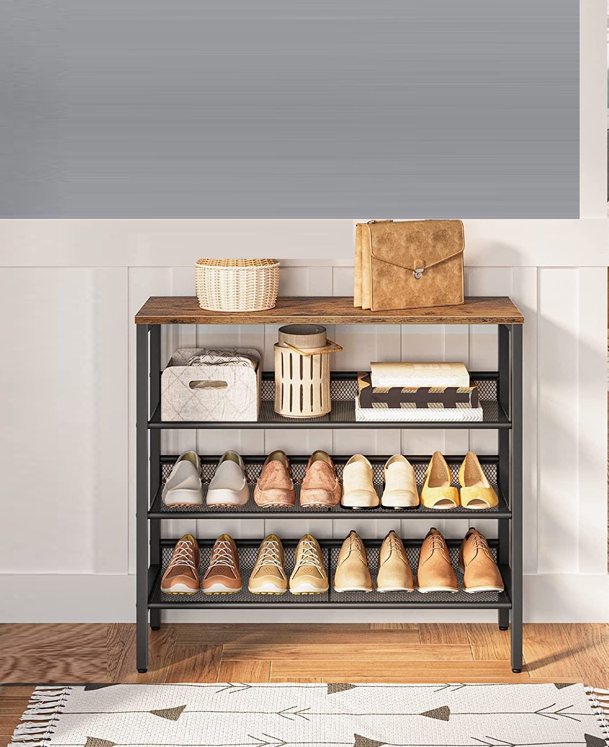 4-Tier Shoe Rack featuring rustic brown wooden shelves and a sturdy metal frame, designed for stylish shoe organization.