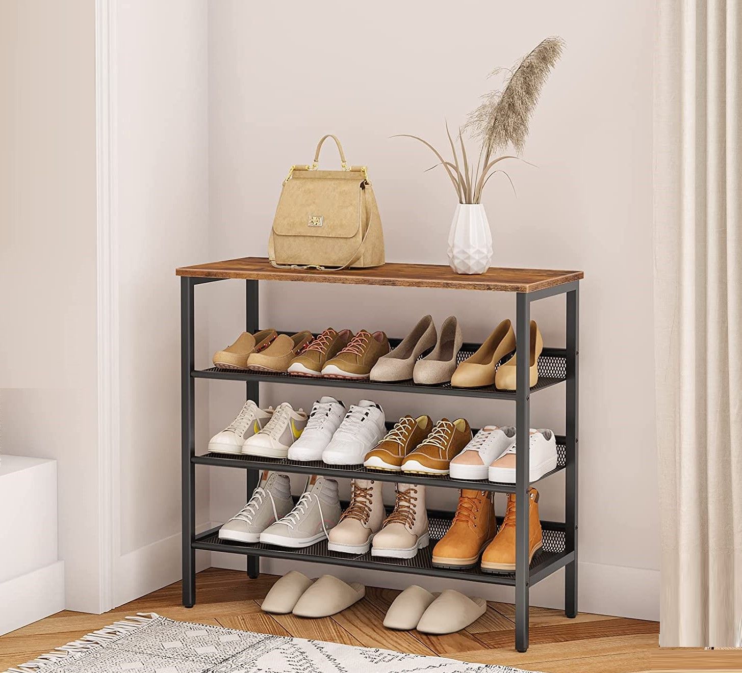 4-Tier Shoe Rack featuring rustic brown wooden shelves and a sturdy metal frame, designed for stylish shoe organization.