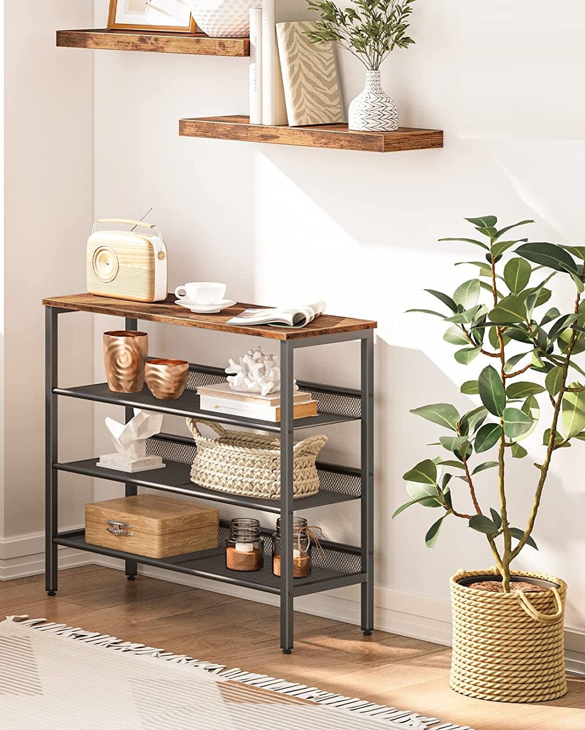4-Tier Shoe Rack featuring rustic brown wooden shelves and a sturdy metal frame, designed for stylish shoe organization.