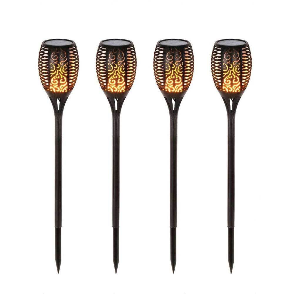 Four solar garden LED torches with flickering flame effect, perfect for outdoor ambiance lighting.
