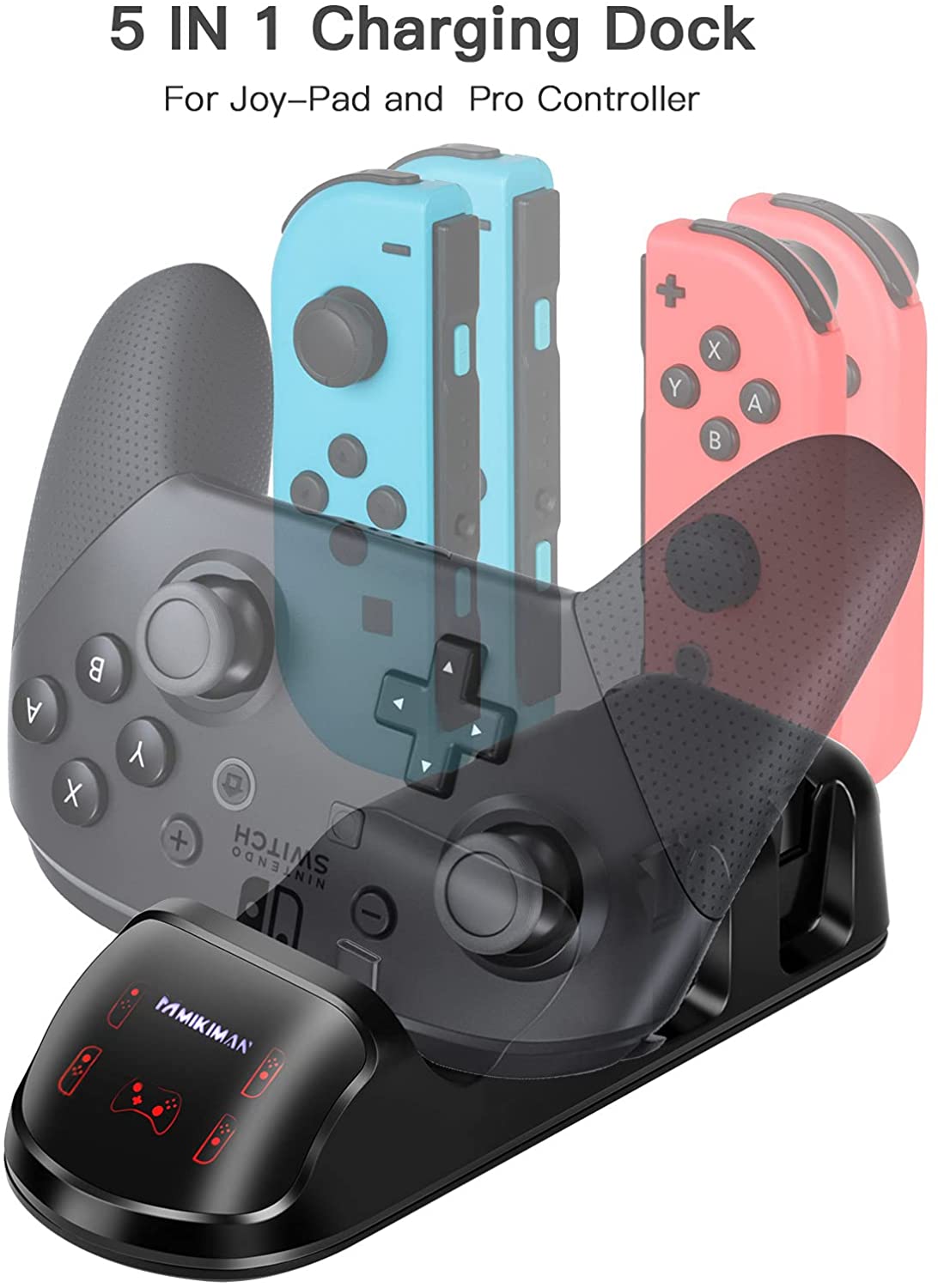 5 in 1 Controller Charger Dock for Nintendo Switch and PS5, featuring multiple slots for Joy-Cons and Pro Controller with LED indicators.