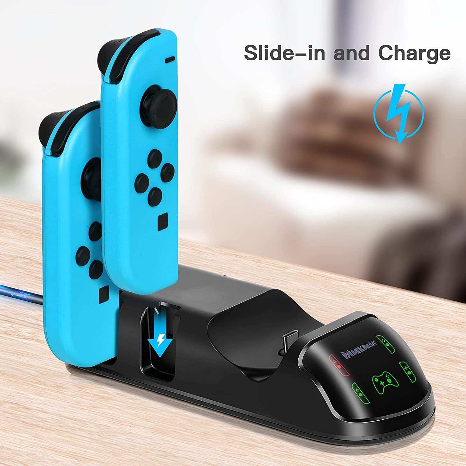 5 in 1 Controller Charger Dock for Nintendo Switch and PS5, featuring multiple slots for Joy-Cons and Pro Controller with LED indicators.