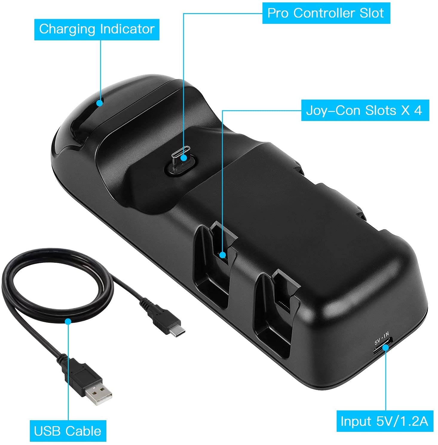 5 in 1 Controller Charger Dock for Nintendo Switch and PS5, featuring multiple slots for Joy-Cons and Pro Controller with LED indicators.