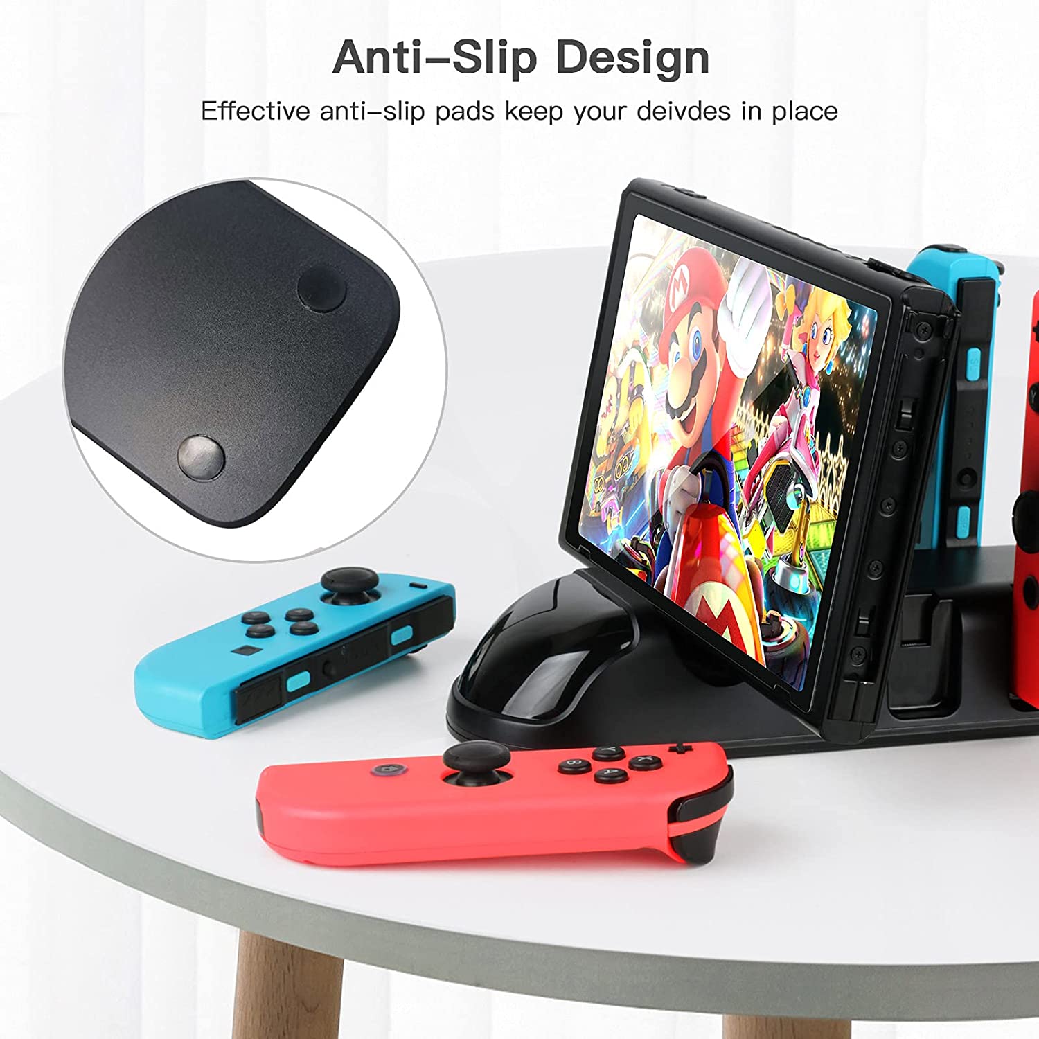 5 in 1 Controller Charger Dock for Nintendo Switch and PS5, featuring multiple slots for Joy-Cons and Pro Controller with LED indicators.