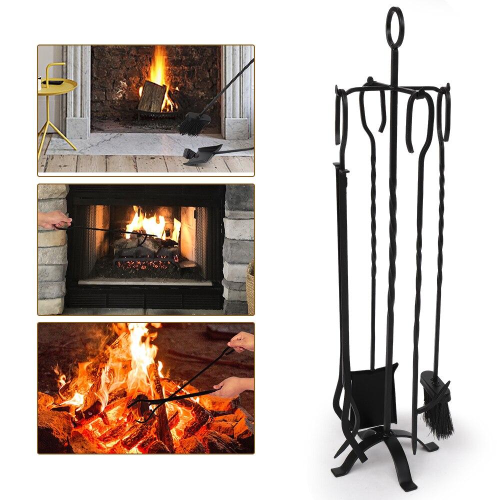 5 In 1 Fireplace Stove Tool Set featuring brushes, shovels, pliers, and poker on a flat iron cross base, ideal for fireplace maintenance.