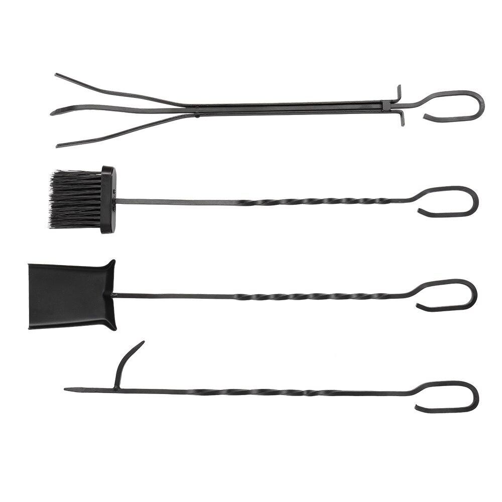 5 In 1 Fireplace Stove Tool Set featuring brushes, shovels, pliers, and poker on a flat iron cross base, ideal for fireplace maintenance.