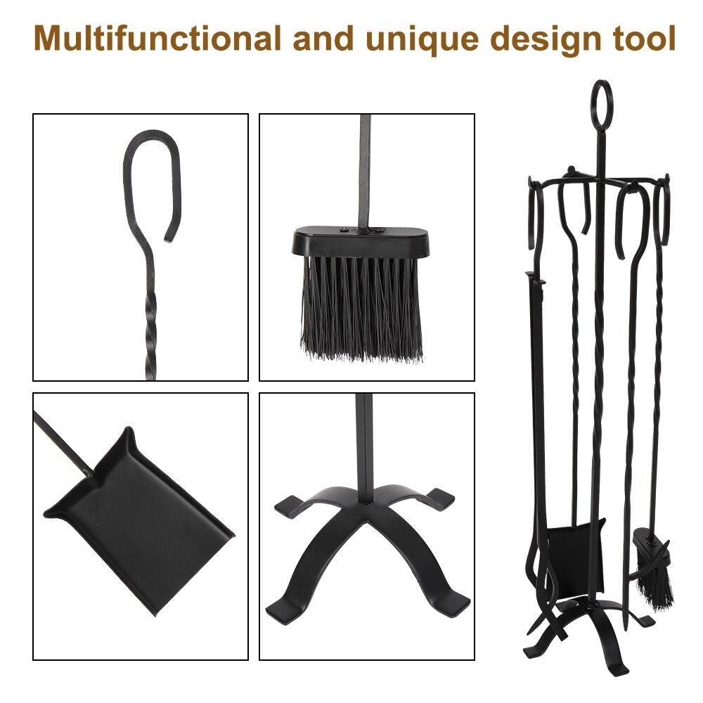 5 In 1 Fireplace Stove Tool Set featuring brushes, shovels, pliers, and poker on a flat iron cross base, ideal for fireplace maintenance.