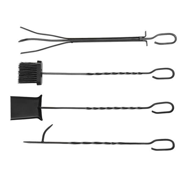 5 In 1 Fireplace Stove Tool Set featuring brushes, shovels, pliers, and poker on a flat iron cross base, ideal for fireplace maintenance.