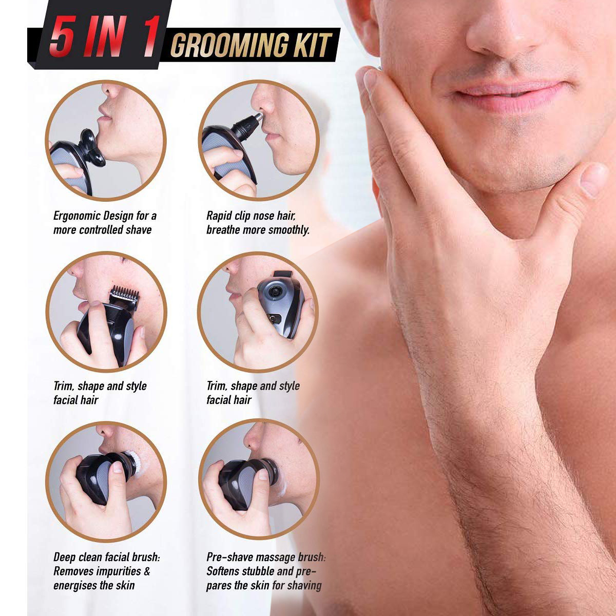 5 In 1 Men Rechargeable Electric Shaver with 5 floating heads, USB charging, and multifunctional design for versatile grooming.