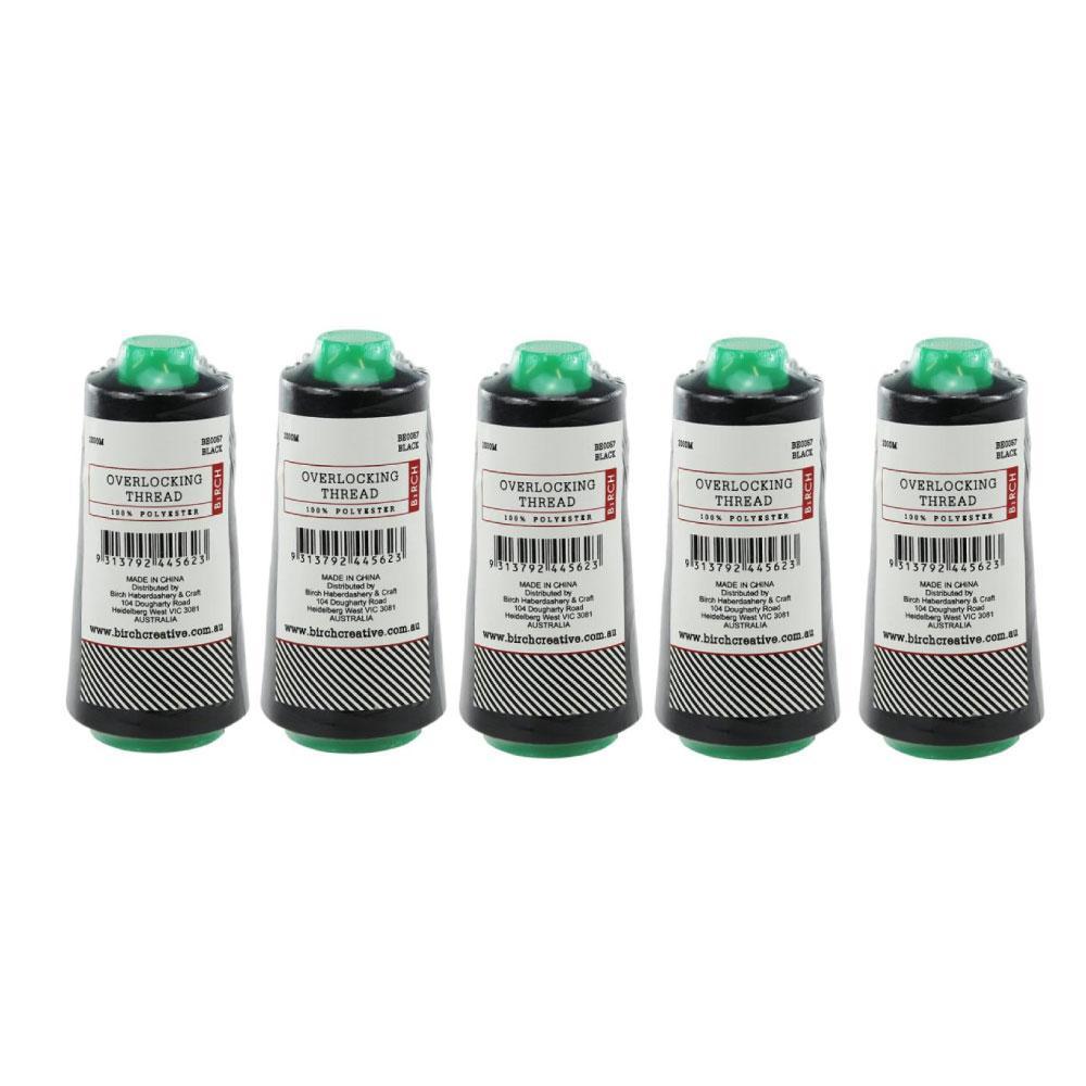Five spools of black Birch overlocking thread, each 2000m long, ideal for domestic sewing machines.