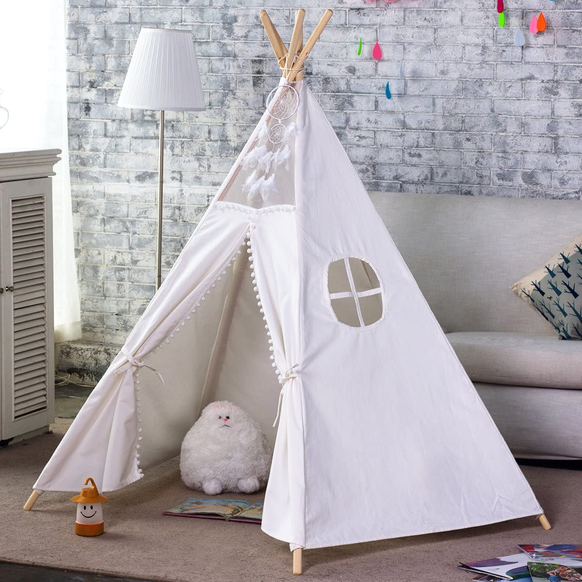 A spacious 5 Poles Giant Kids Teepee Tent made of natural cotton canvas, featuring wooden poles and a mesh window, perfect for children's play.