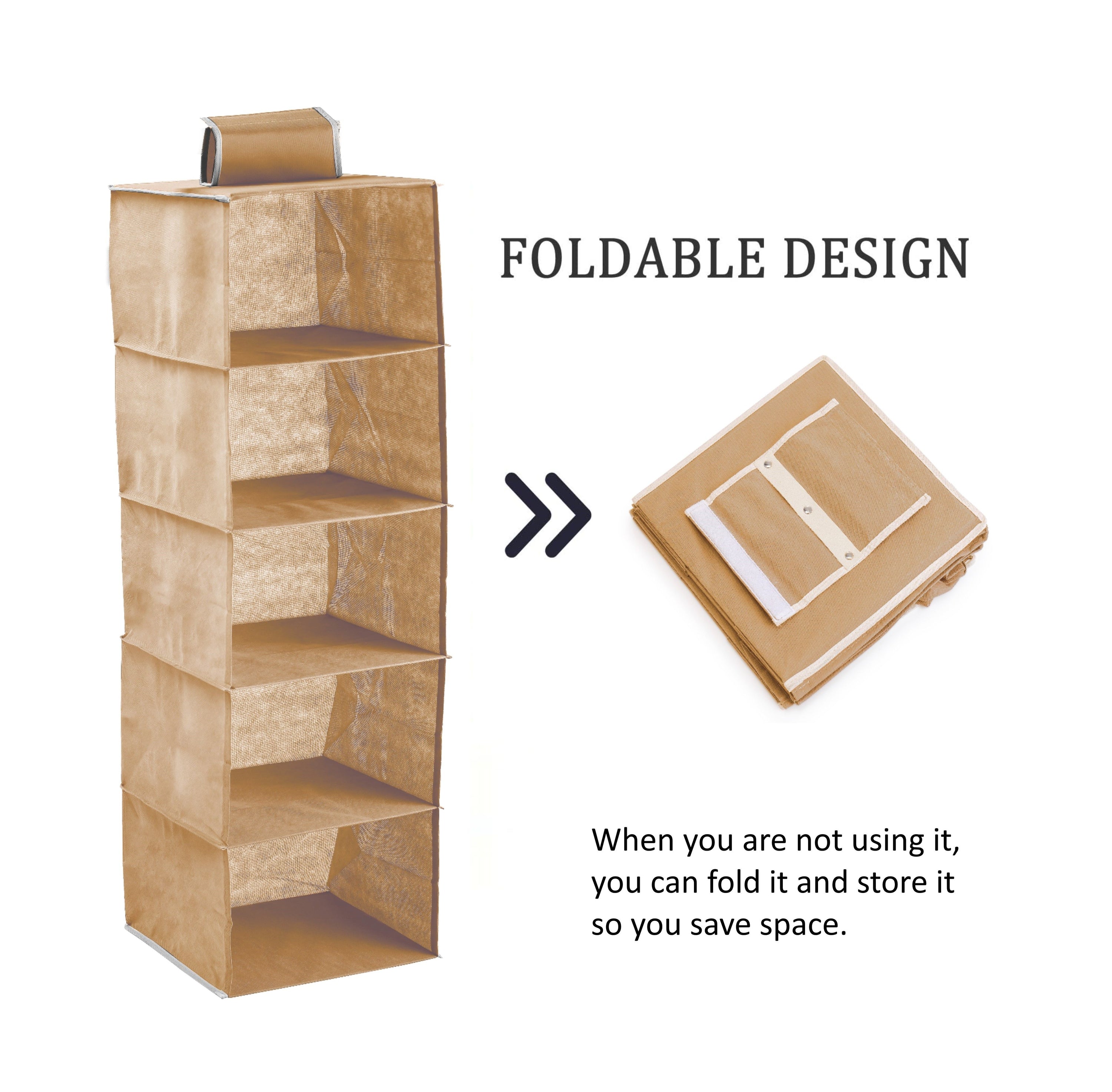 5 Tier Shelf Hanging Closet Organizer in Beige, showcasing its open shelving design and durable construction for efficient storage.