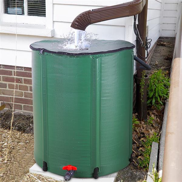 Collapsible 50/66/100 Gallon Rain Barrel made of durable PVC mesh cloth, ideal for rainwater harvesting in gardens.