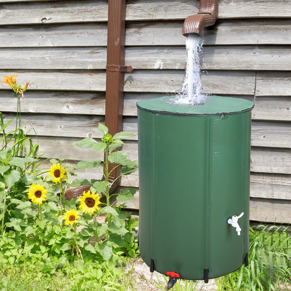 Collapsible 50/66/100 Gallon Rain Barrel made of durable PVC mesh cloth, ideal for rainwater harvesting in gardens.