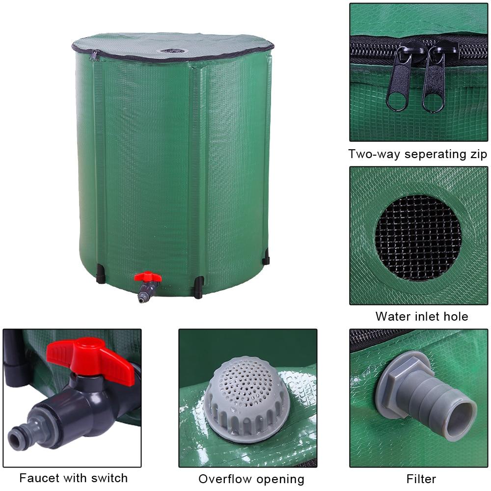 Collapsible 50/66/100 Gallon Rain Barrel made of durable PVC mesh cloth, ideal for rainwater harvesting in gardens.