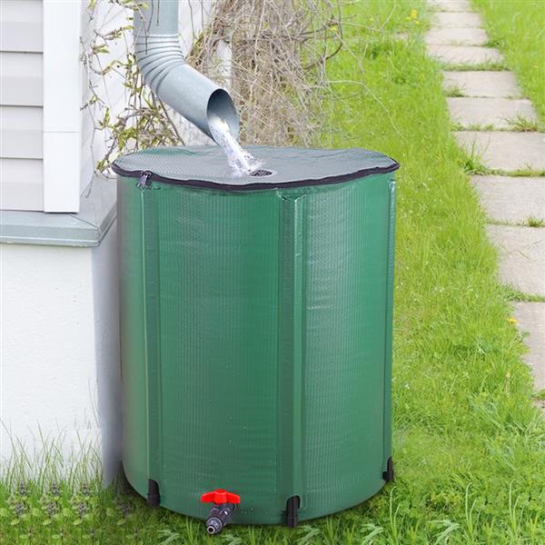 Collapsible 50/66/100 Gallon Rain Barrel made of durable PVC mesh cloth, ideal for rainwater harvesting in gardens.