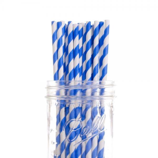A pack of 50 blue and white striped biodegradable paper drinking straws, ideal for eco-friendly celebrations.