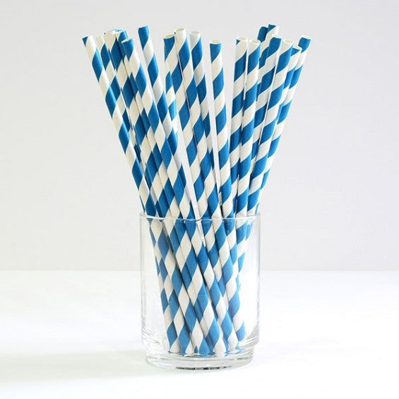 A pack of 50 blue and white striped biodegradable paper drinking straws, ideal for eco-friendly celebrations.