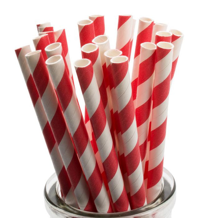 A pack of 50 red and white striped biodegradable paper drinking straws, ideal for eco-friendly celebrations.