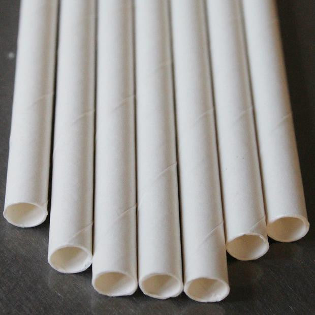 Pack of 50 white biodegradable drinking straws made from paper, ideal for parties and eco-friendly events.