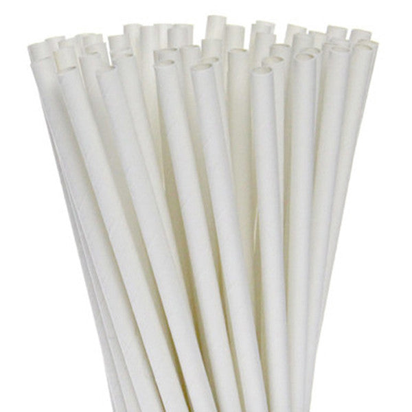 Pack of 50 white biodegradable drinking straws made from paper, ideal for parties and eco-friendly events.