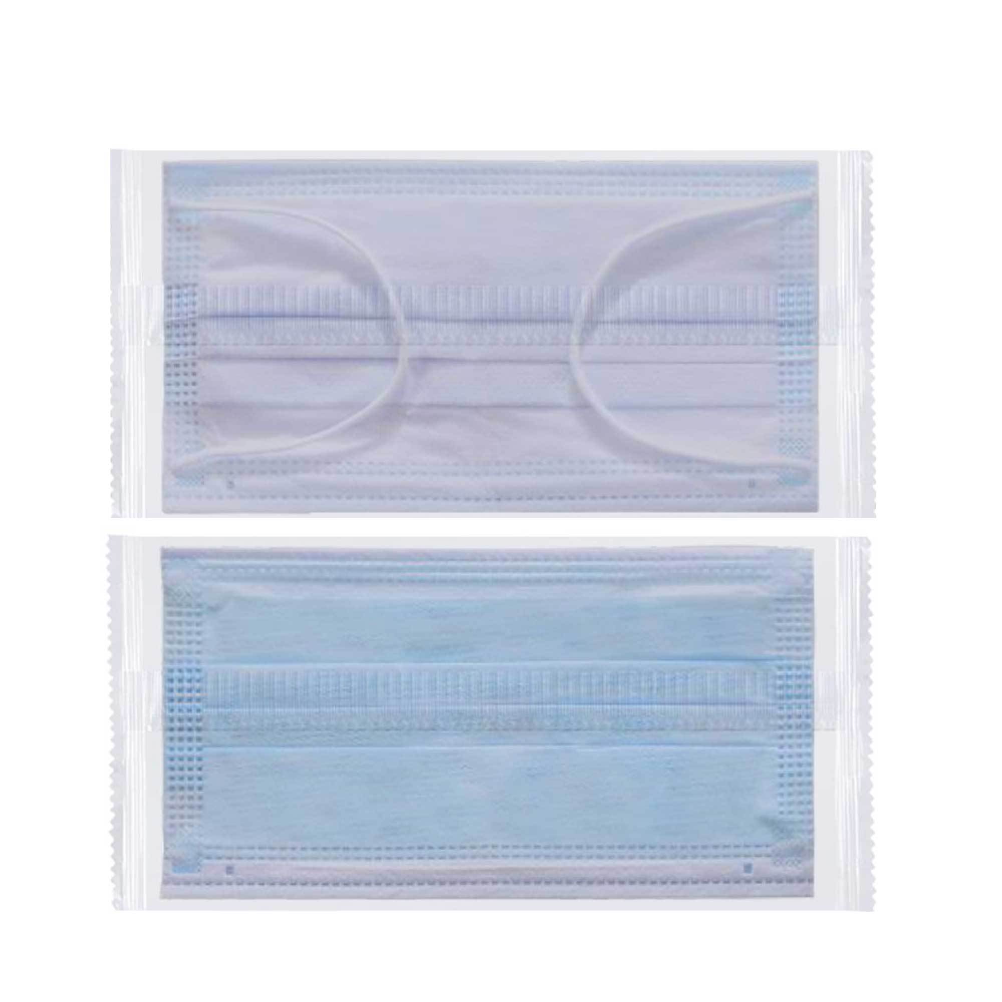A pack of 5/50 disposable face masks, showcasing their 3-ply design with blue and white colors, individually wrapped for hygiene.