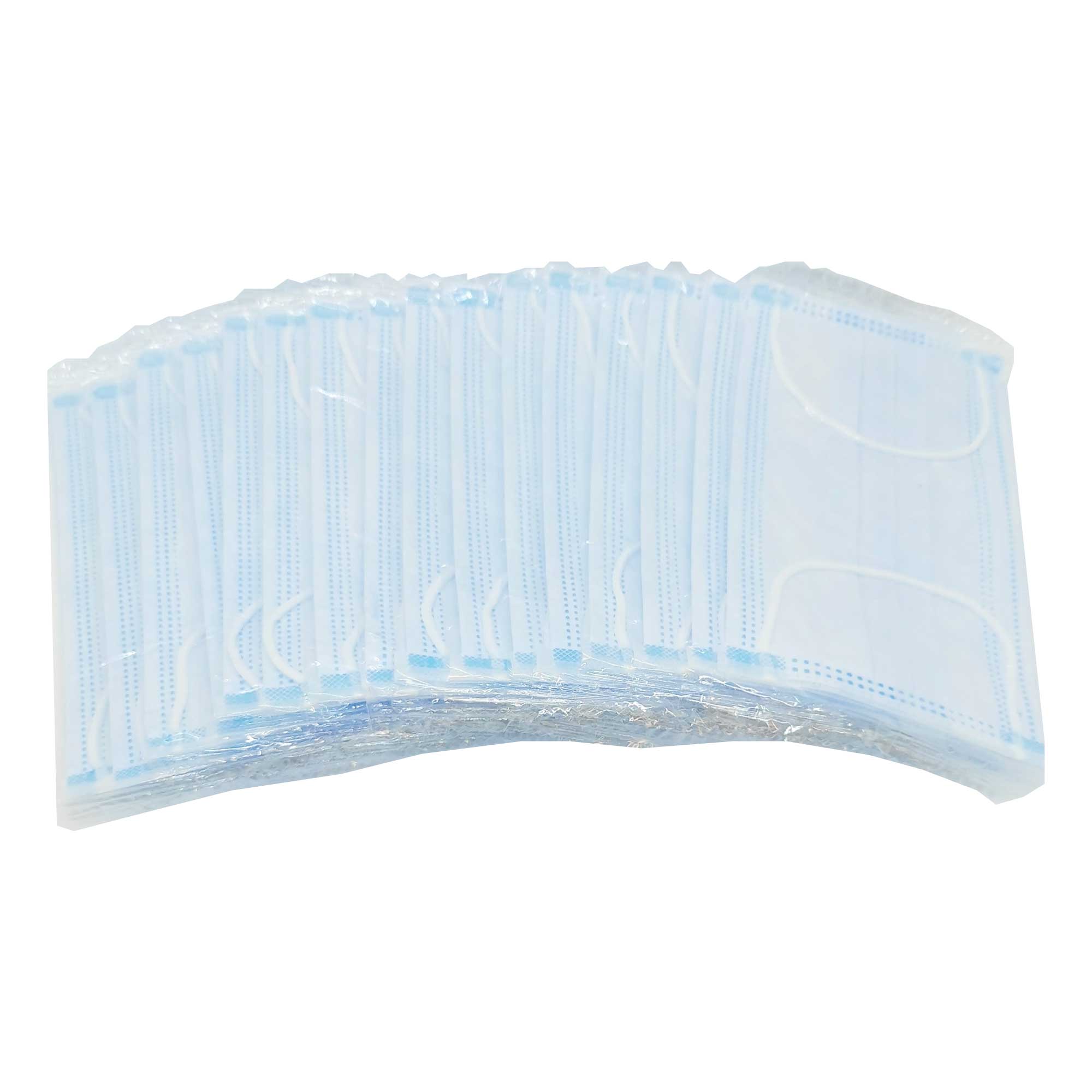 A pack of 5/50 disposable face masks, showcasing their 3-ply design with blue and white colors, individually wrapped for hygiene.