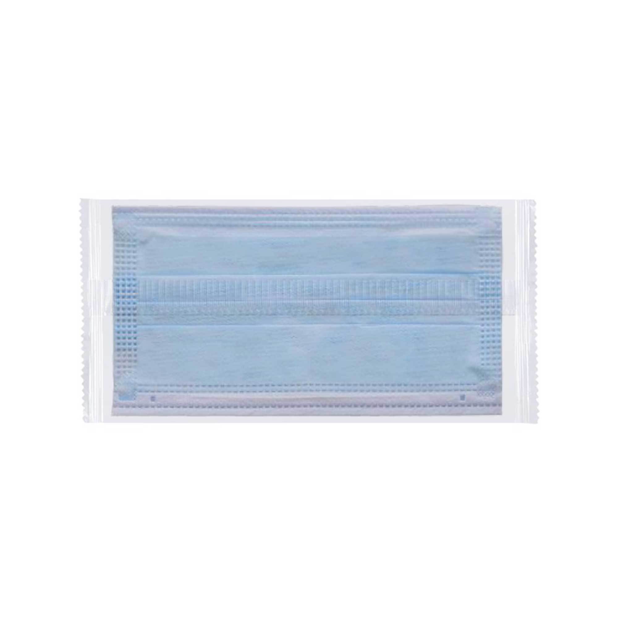 A pack of 5/50 disposable face masks, showcasing their 3-ply design with blue and white colors, individually wrapped for hygiene.