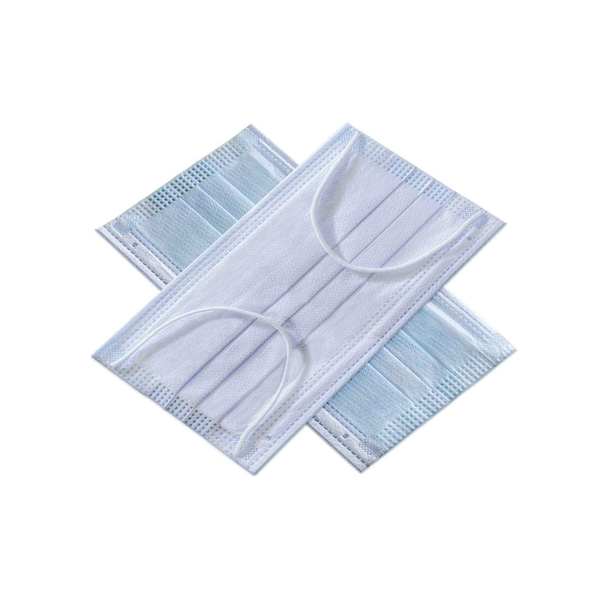 A pack of 5/50 disposable face masks, showcasing their 3-ply design with blue and white colors, individually wrapped for hygiene.