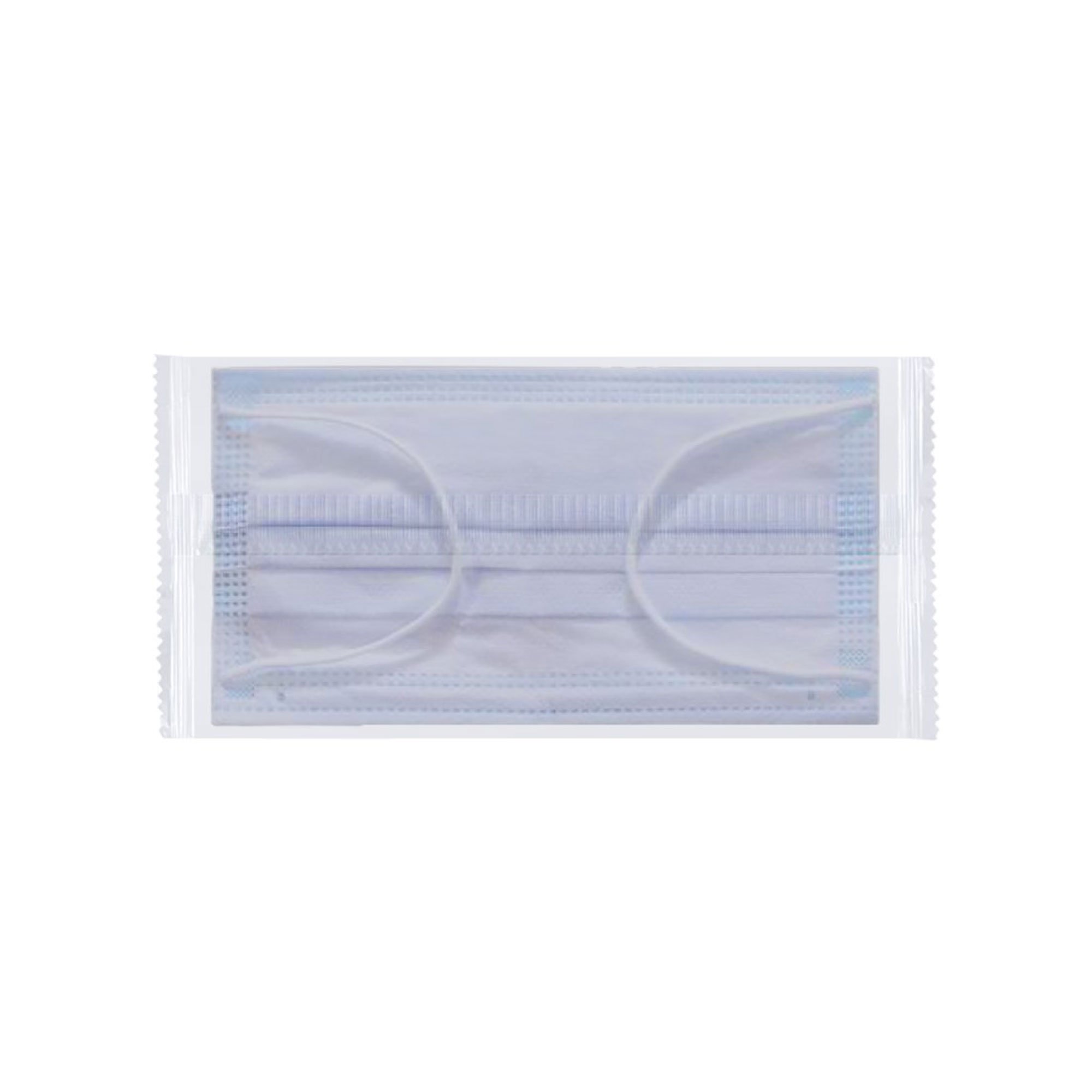A pack of 5/50 disposable face masks, showcasing their 3-ply design with blue and white colors, individually wrapped for hygiene.