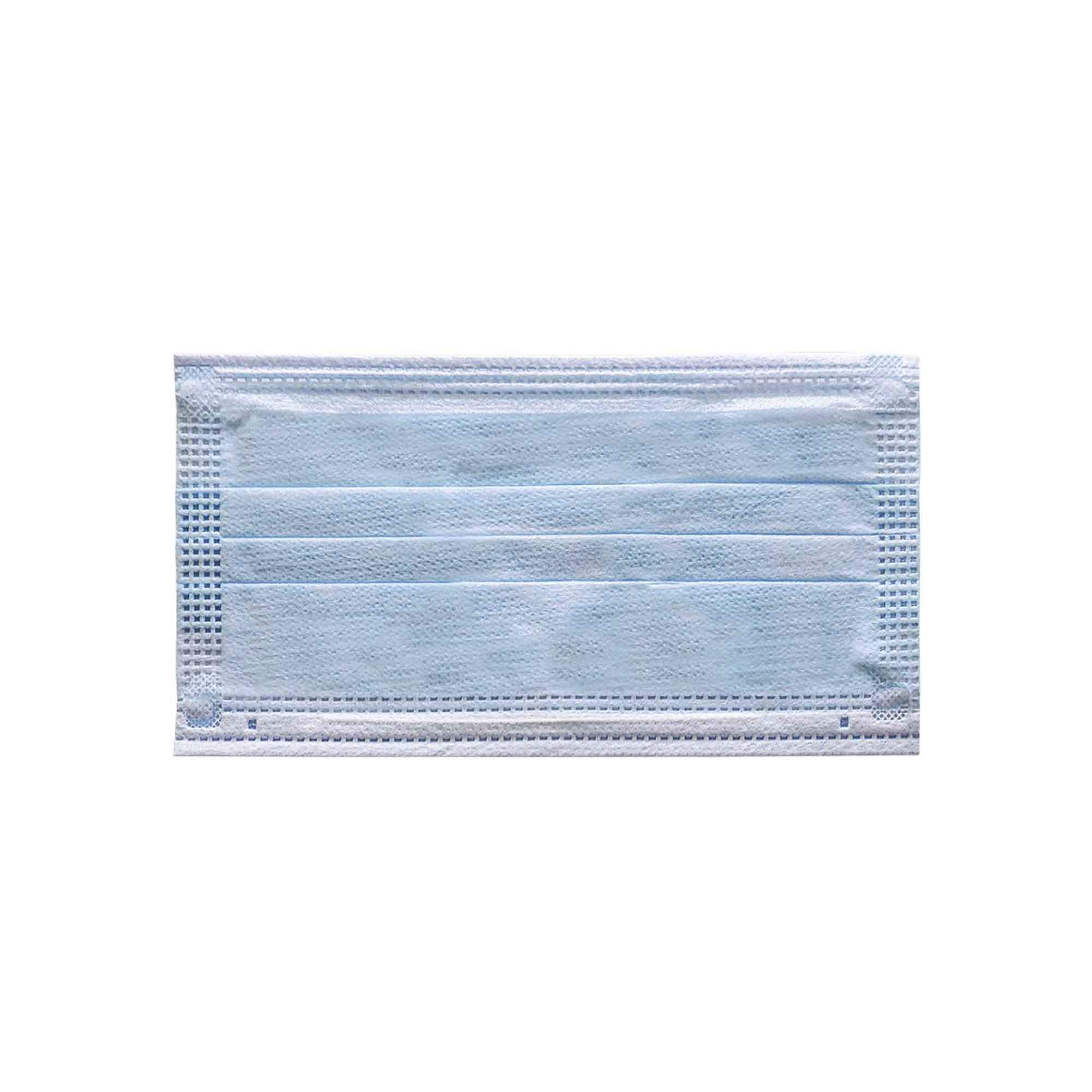 A pack of 5/50 disposable face masks, showcasing their 3-ply design with blue and white colors, individually wrapped for hygiene.