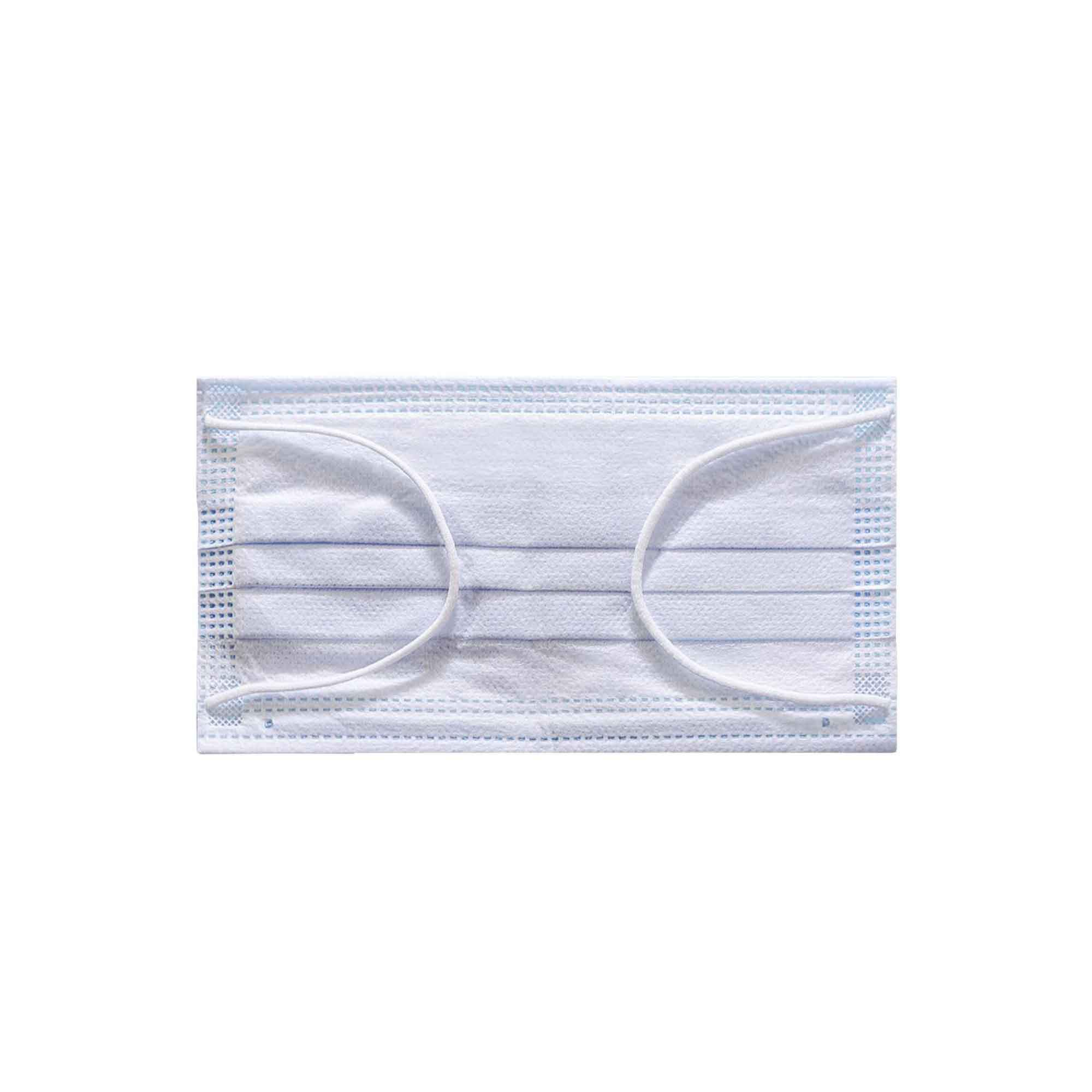 A pack of 5/50 disposable face masks, showcasing their 3-ply design with blue and white colors, individually wrapped for hygiene.