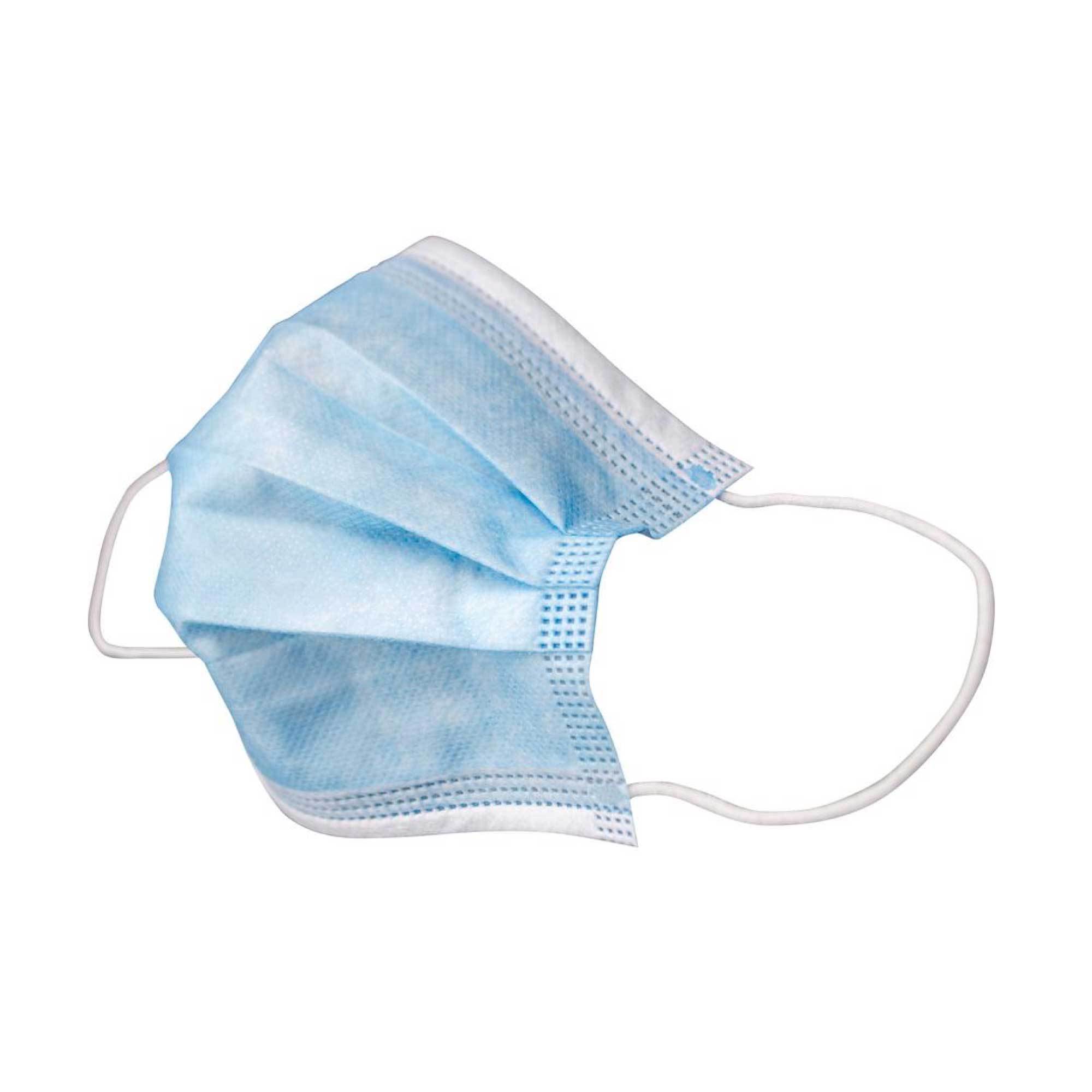 A pack of 5/50 disposable face masks, showcasing their 3-ply design with blue and white colors, individually wrapped for hygiene.