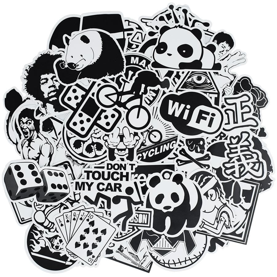 A collection of 50 unique black and white punk anime stickers displayed together, showcasing various designs and themes.