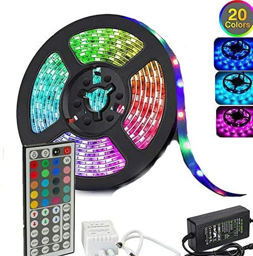 5050 RGB LED Strip Lights, waterproof, 5m long with 300 SMD LEDs, remote control, and various lighting modes.