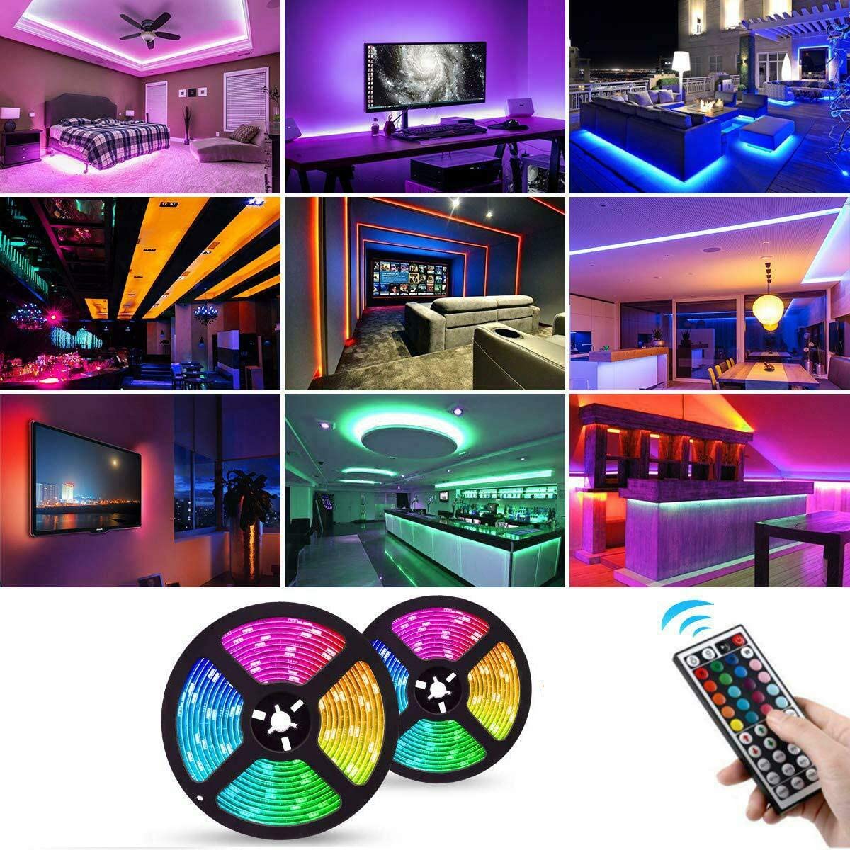 5050 RGB LED Strip Lights, waterproof, 5m long with 300 SMD LEDs, remote control, and various lighting modes.