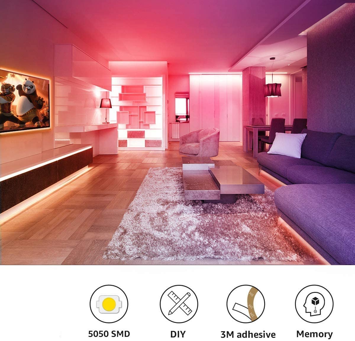 5050 RGB LED Strip Lights, waterproof, 5m long with 300 SMD LEDs, remote control, and various lighting modes.