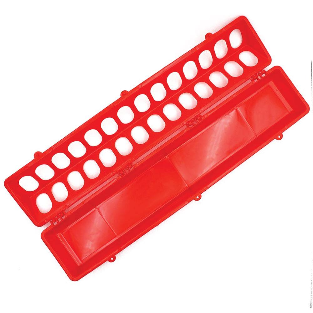 50cm long red plastic poultry feeder with flip top for easy filling, designed to prevent feed wastage and fouling.