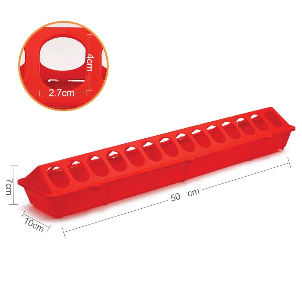 50cm long red plastic poultry feeder with flip top for easy filling, designed to prevent feed wastage and fouling.