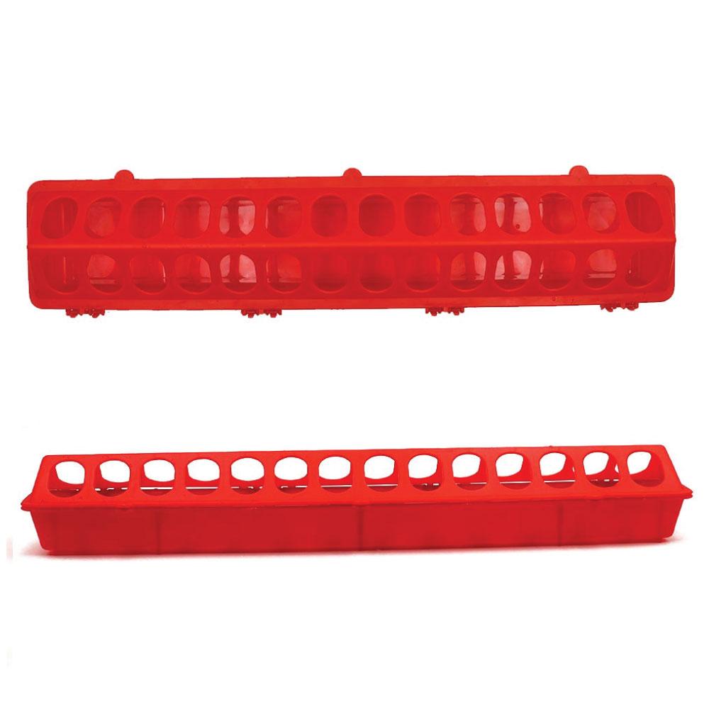 50cm Long Poultry Feeder in red plastic with a flip top design, featuring multiple holes for feeding chickens and preventing wastage.