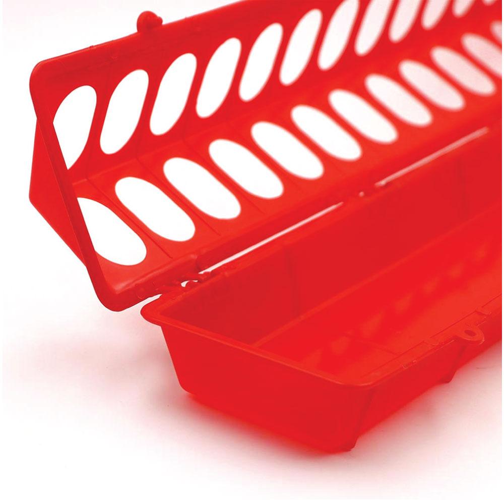 50cm Long Poultry Feeder in red plastic with a flip top design, featuring multiple holes for feeding chickens and preventing wastage.