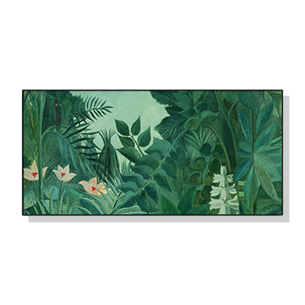 50cmx100cm canvas print of Equatorial Jungle by Henri Rousseau, featuring vibrant green forest details and a gallery-wrapped frame.