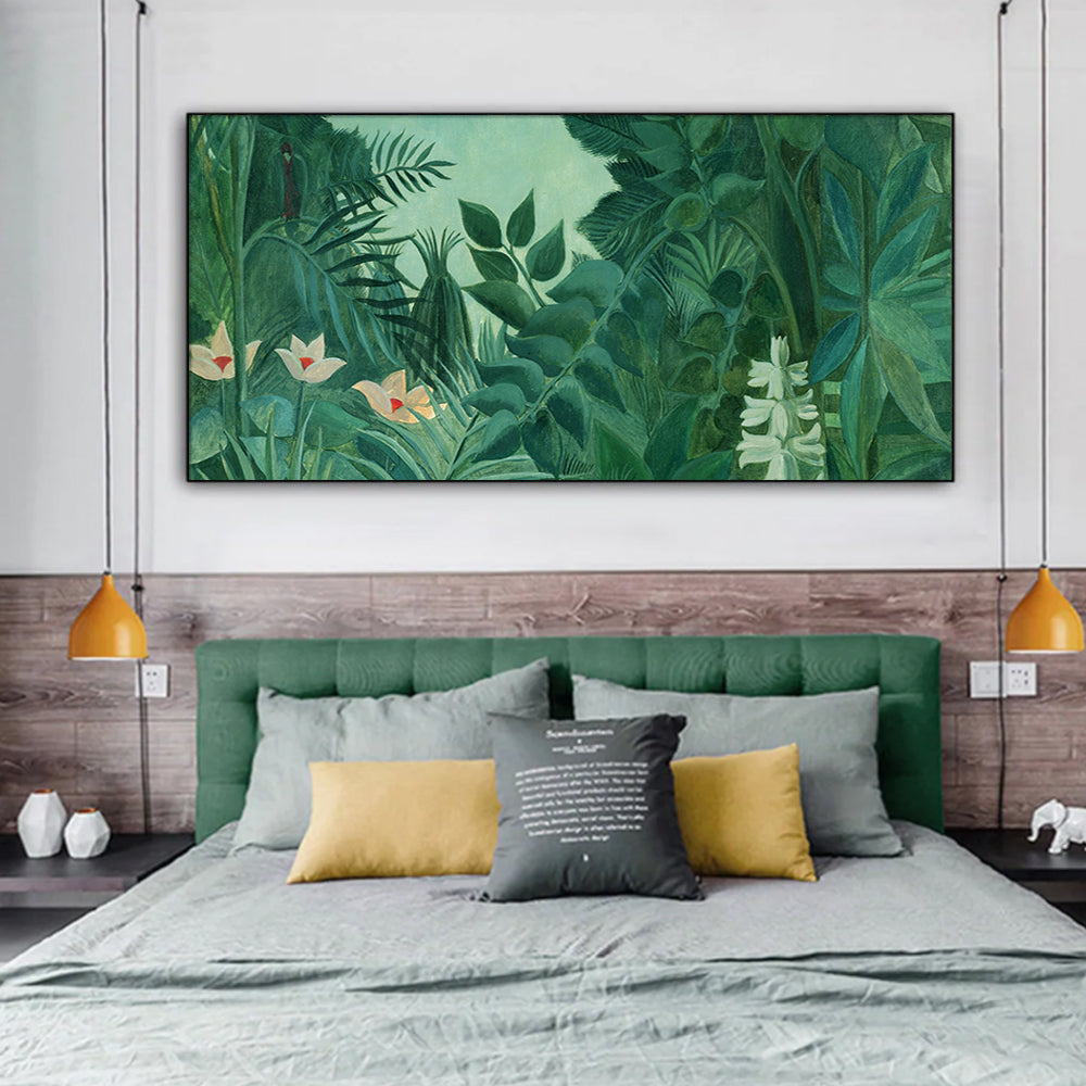 50cmx100cm canvas print of Equatorial Jungle by Henri Rousseau, featuring vibrant green forest details and a gallery-wrapped frame.