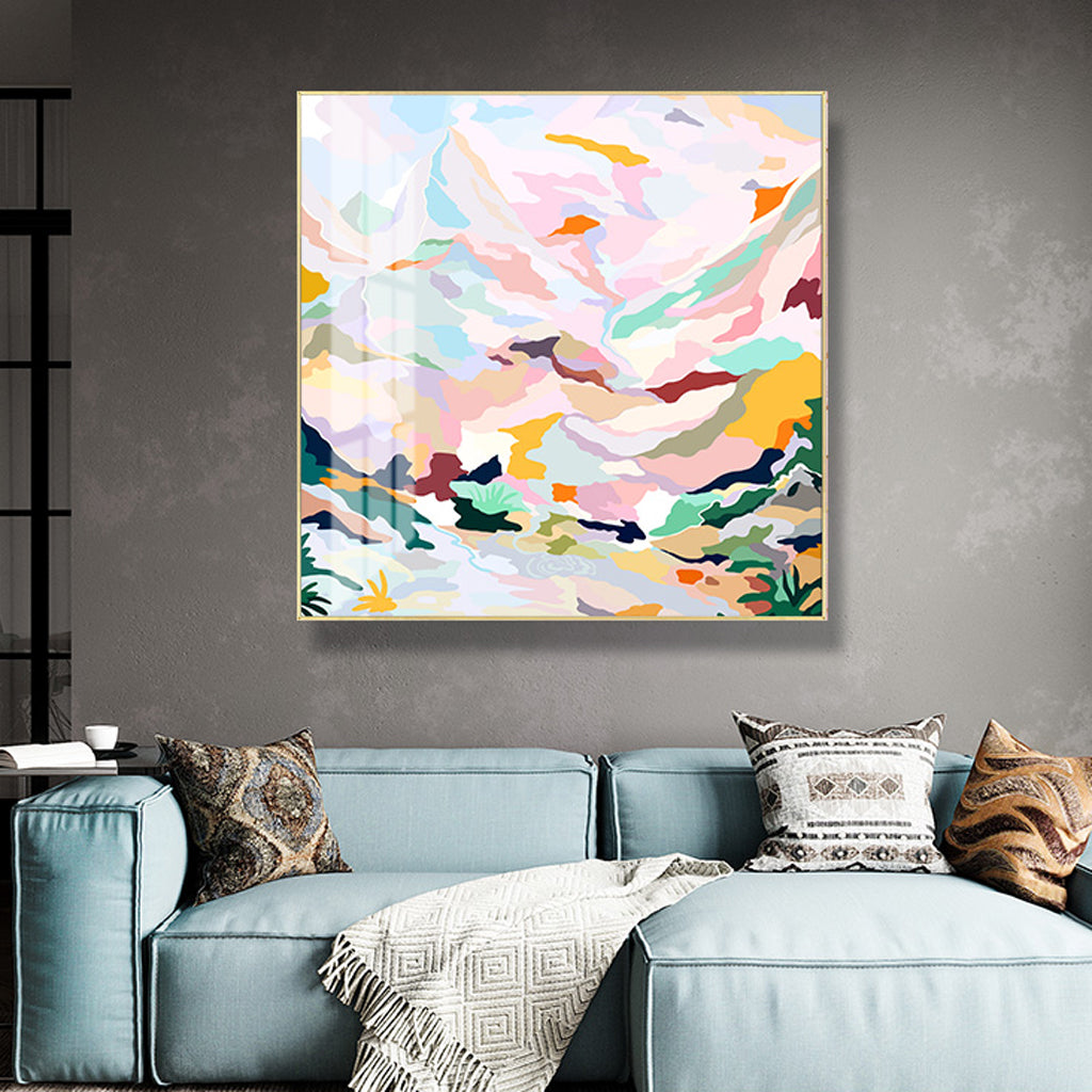 50cmx50cm Abstract Pink Mountain Canvas in a gold frame, showcasing vibrant pink and abstract mountain designs.