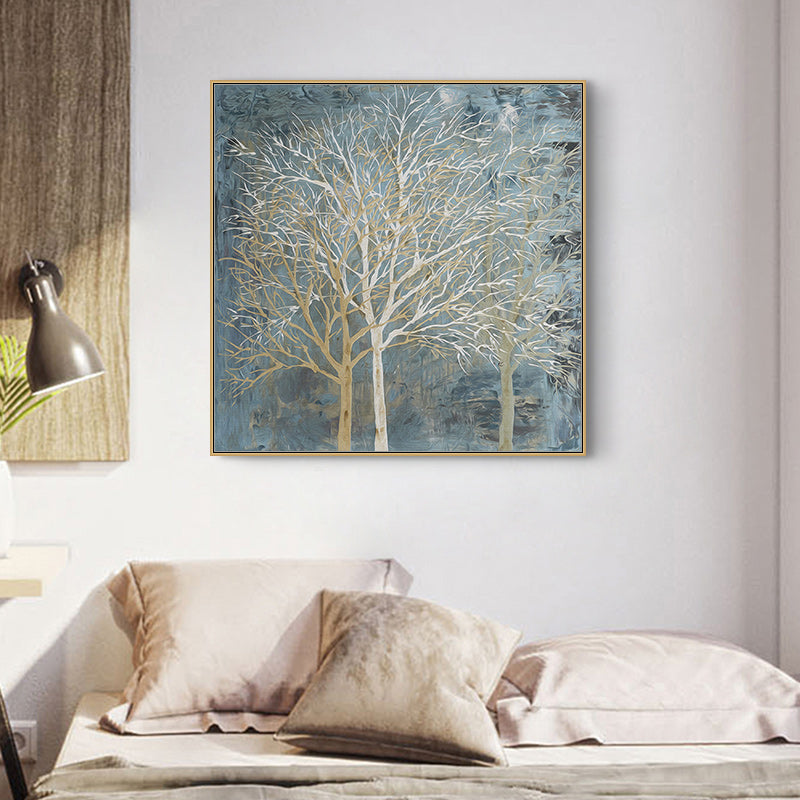 50cmx50cm canvas wall art featuring a forest at twilight, framed in an elegant gold frame, showcasing vibrant colors and a floating effect.
