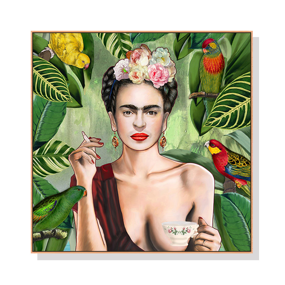 50cmx50cm canvas wall art featuring a self-portrait of Frida Kahlo, framed in a modern floating frame.