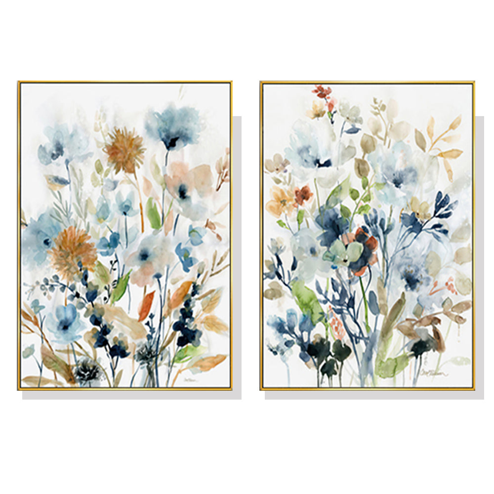 A vibrant 50cmx70cm Colourful Floras Watercolour canvas art piece framed in an elegant gold frame, showcasing beautiful floral designs.